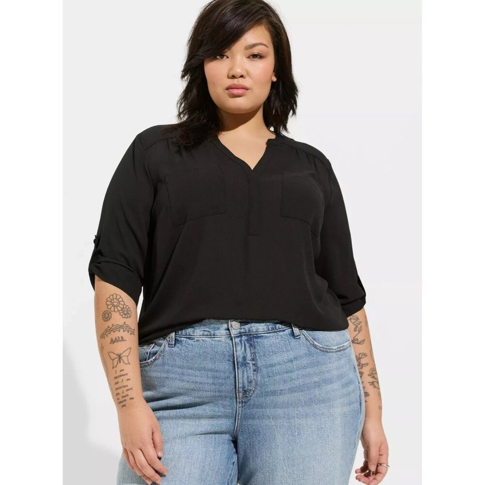 Torrid Top Sz 4‎ 4X Plus Harper Georgette Pullover 3/4 Sleeve Tunic Blouse Black